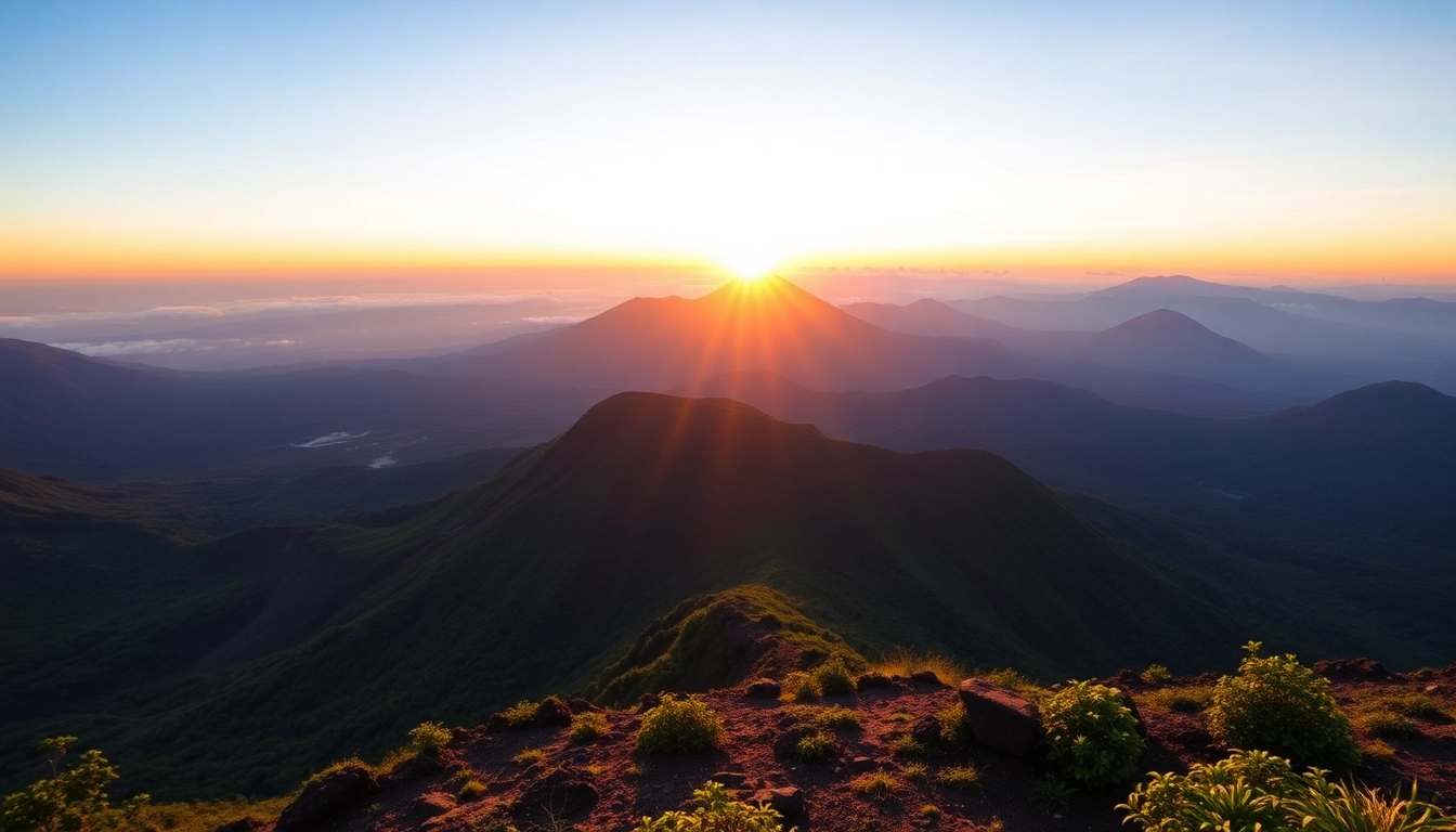 Hiker Panorama of Mt. Rinjani's summit during sunrise showing lush forests and volcanic crater, inspiring adventure. (98 characters)