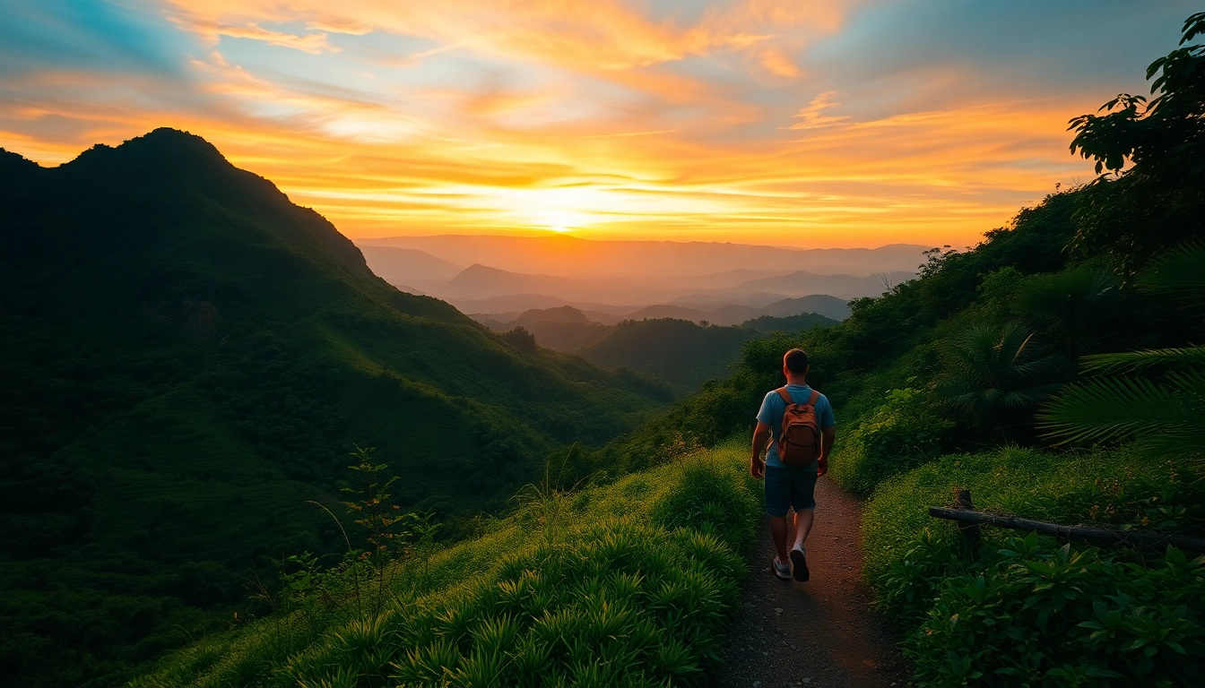 Guide leading travelers through scenic Indonesian landscape, showcasing nature and adventure.
