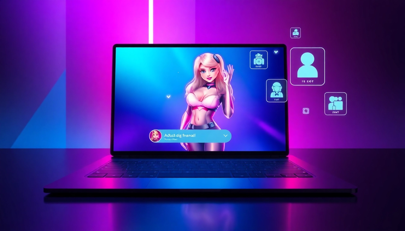 An illustration of a futuristic AI adult chat interface with a glowing female character and holographic interaction elements.
