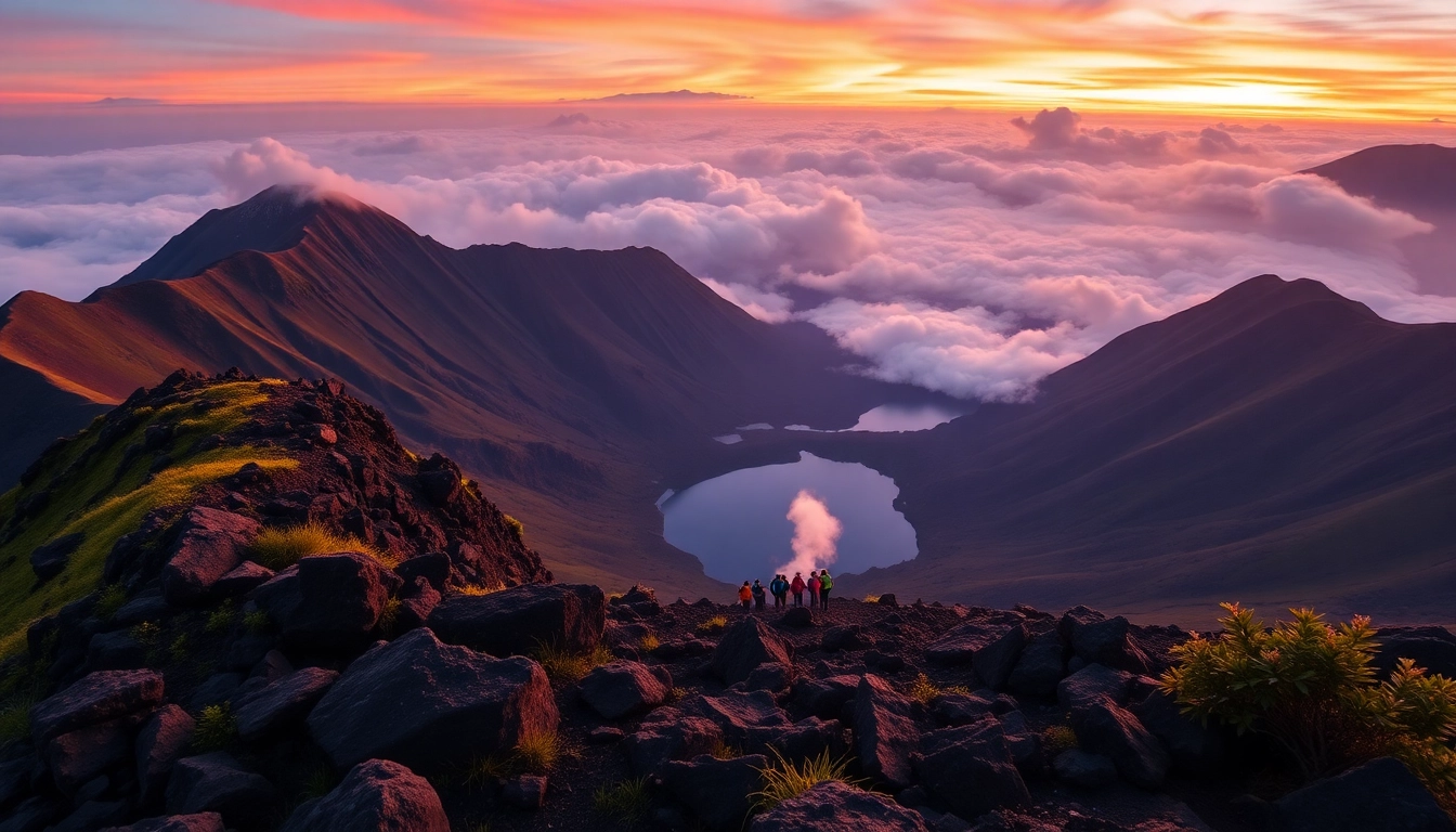 A breathtaking sunrise over Mount Rinjani's crater rim with hikers enjoying the view.
