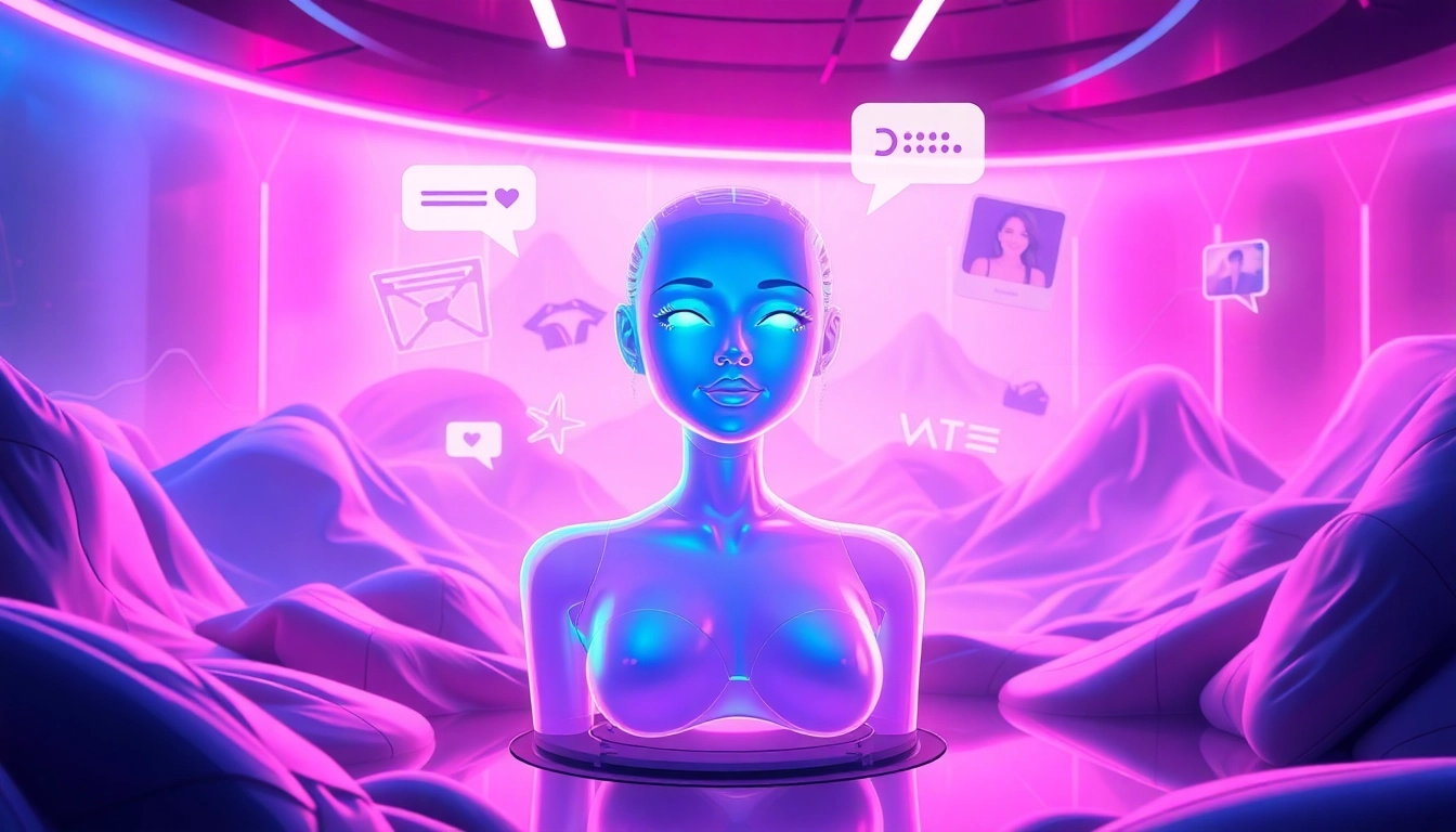 Futuristic AI girlfriend hologram scene with vibrant neon colors and digital landscape