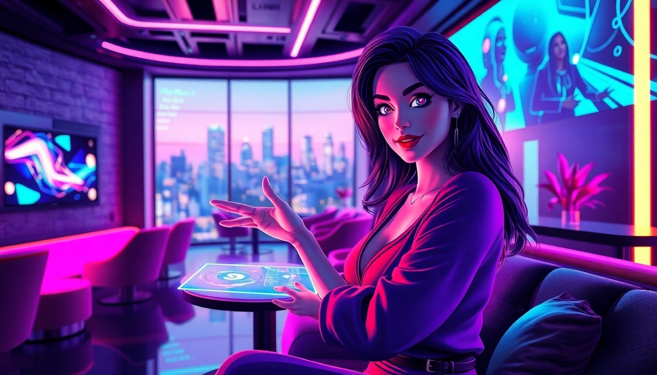 A futuristic scene of an AI character engaging with a user in a neon-lit lounge, emphasizing technology and intimacy.