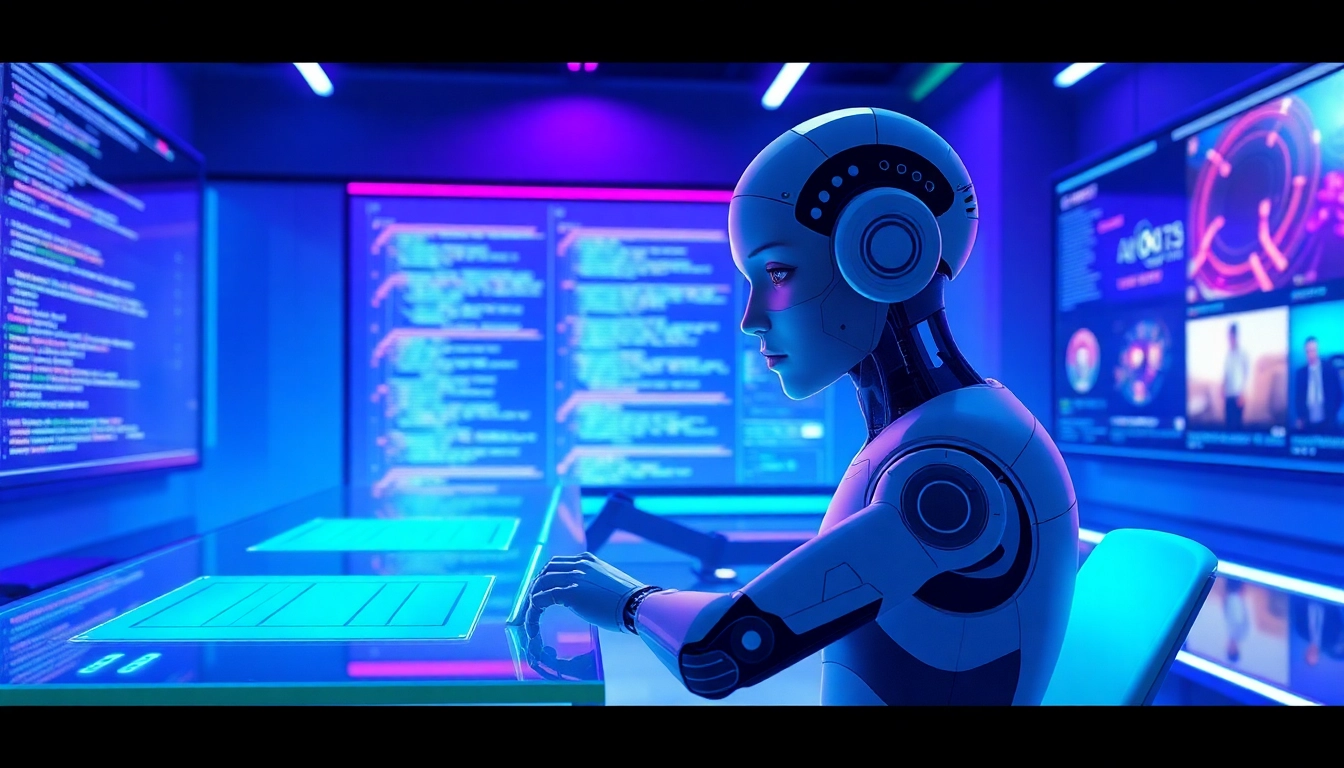An advanced AI studio with a realistic humanoid character engaging with holographic visuals in a sleek, neon-lit environment.