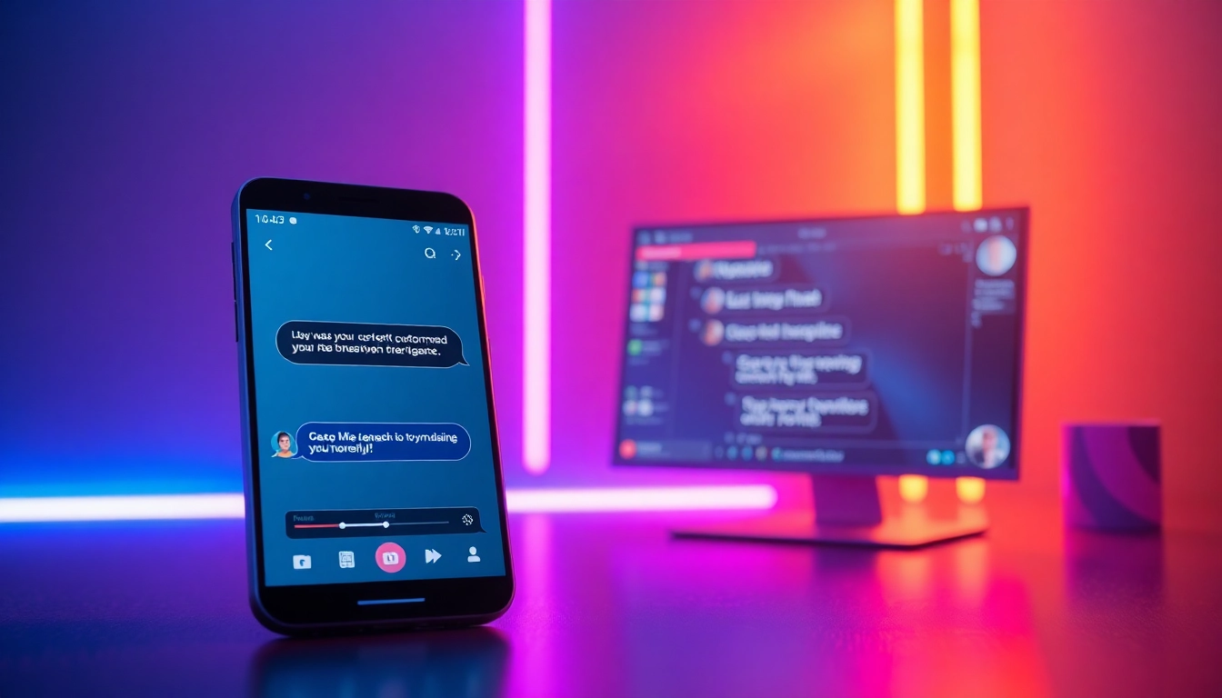 Futuristic chat interface on smartphone and desktop with neon glow and customizable AI characters