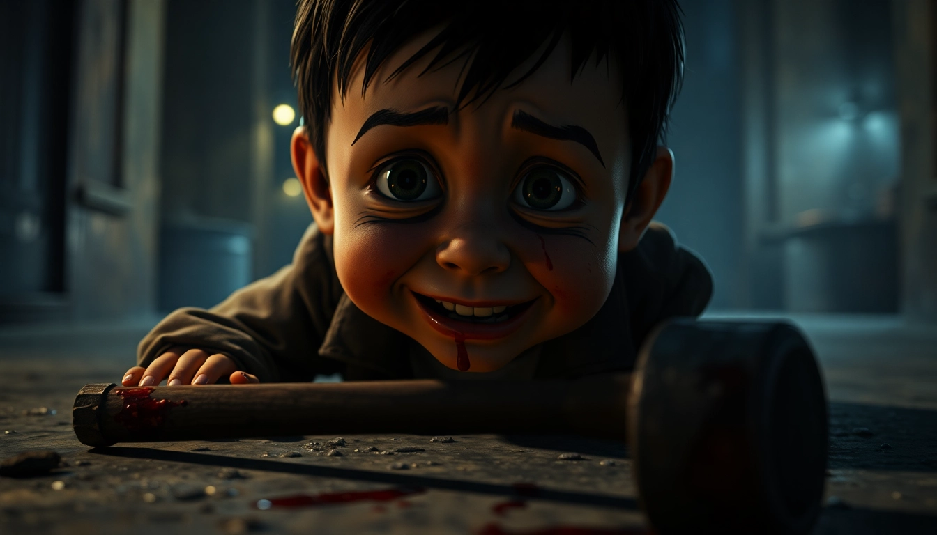 A distressed Harvey sitting on the floor with a blood-stained hammer nearby, in a dark, eerie room with shadows and flickering lights.
