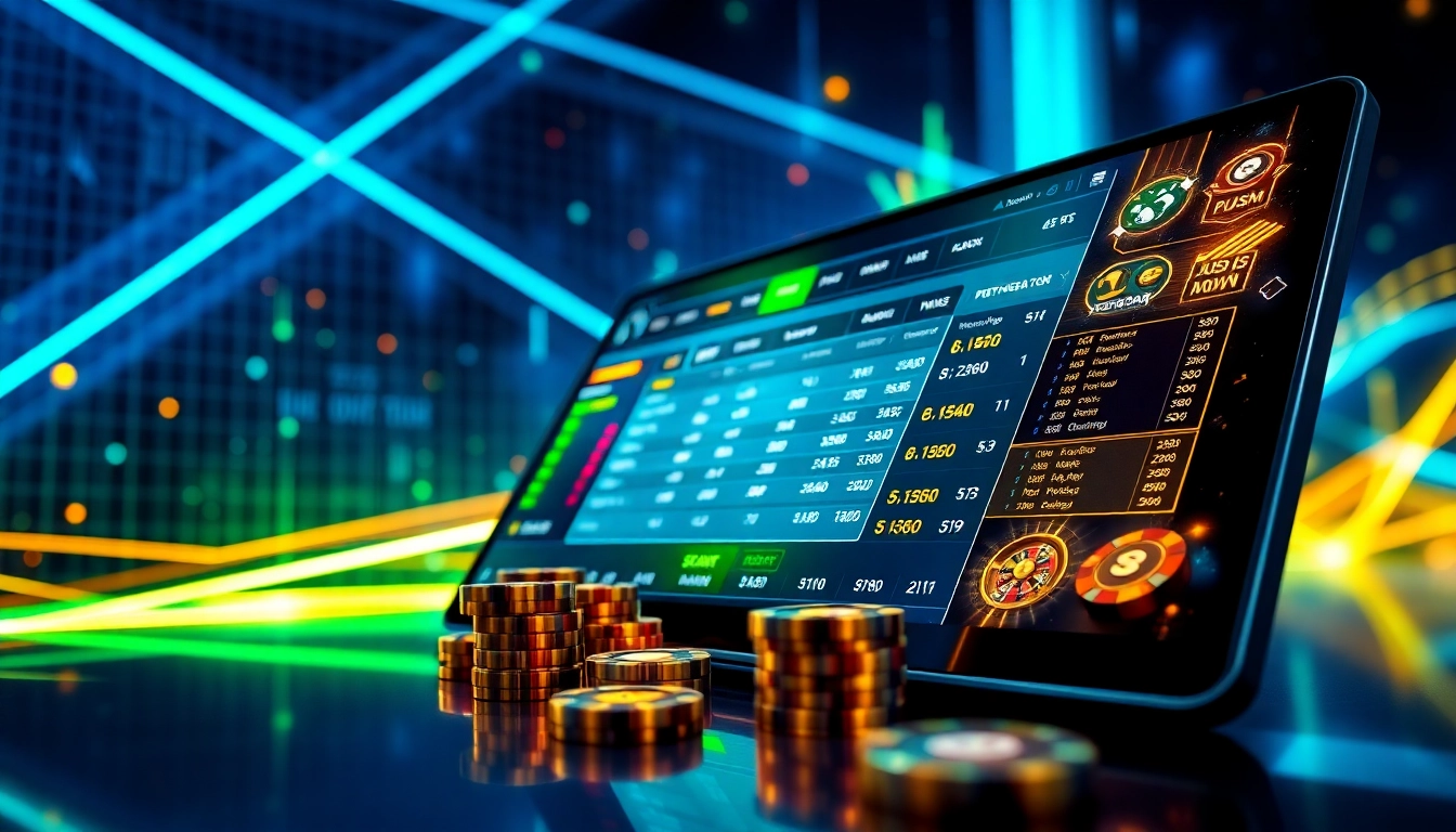 Illustration of a modern online sportsbook and casino interface with bright neon accents and digital elements