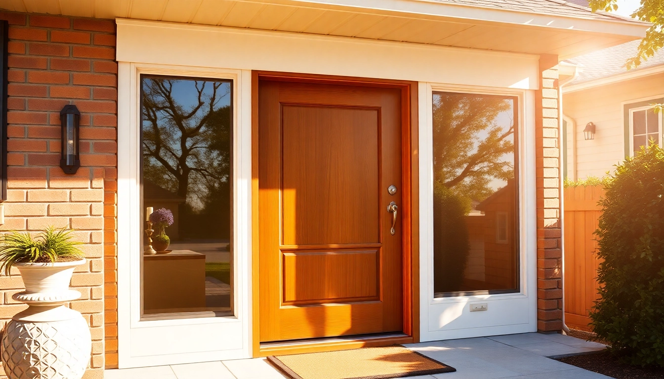 Upgrade-ready front door replacement on a modern entry featuring beveled glass and warm daylight.