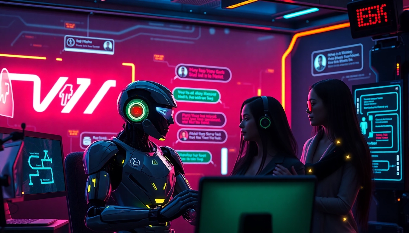 Illustration of a NSFW AI chat interface with digital avatars and neon lighting, emphasizing adult AI interactions.