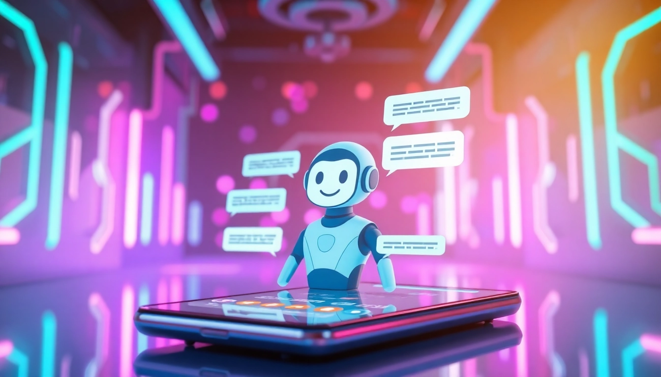 A futuristic chatbot interface on a modern device screen with colorful conversation bubbles and a friendly AI character, set against a neon-lit digital background.