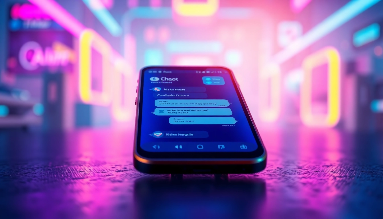 Close-up of a futuristic smartphone displaying an AI chat interface with vibrant colors and digital characters.