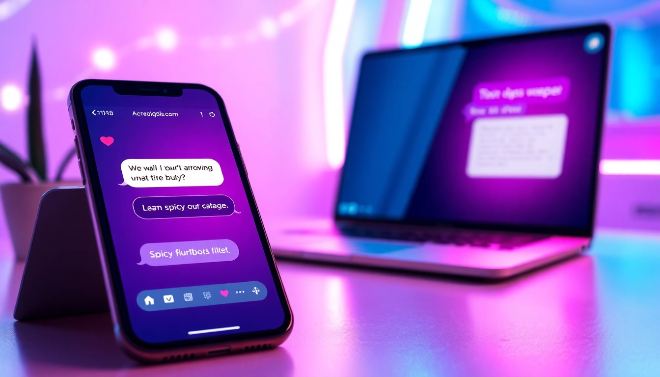 Futuristic digital chat scene with colorful neon accents and playful conversation bubbles on multiple devices.