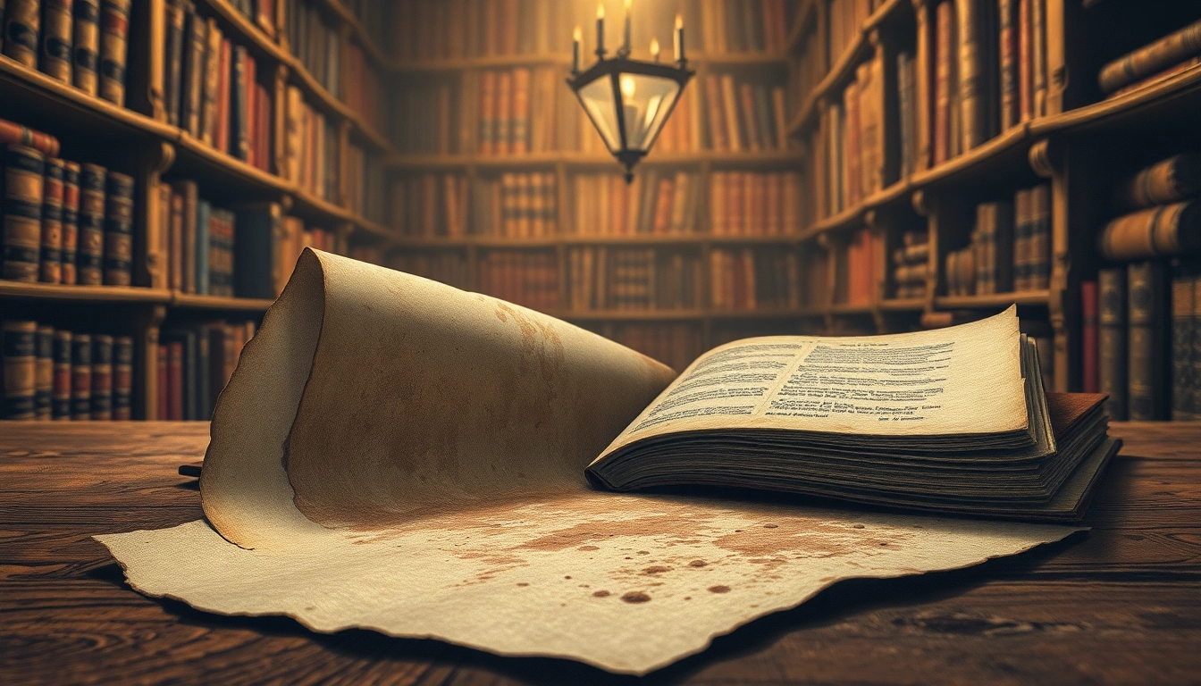 Vintage manuscript with stains on a wooden desk illuminated by candlelight in an old library setting.