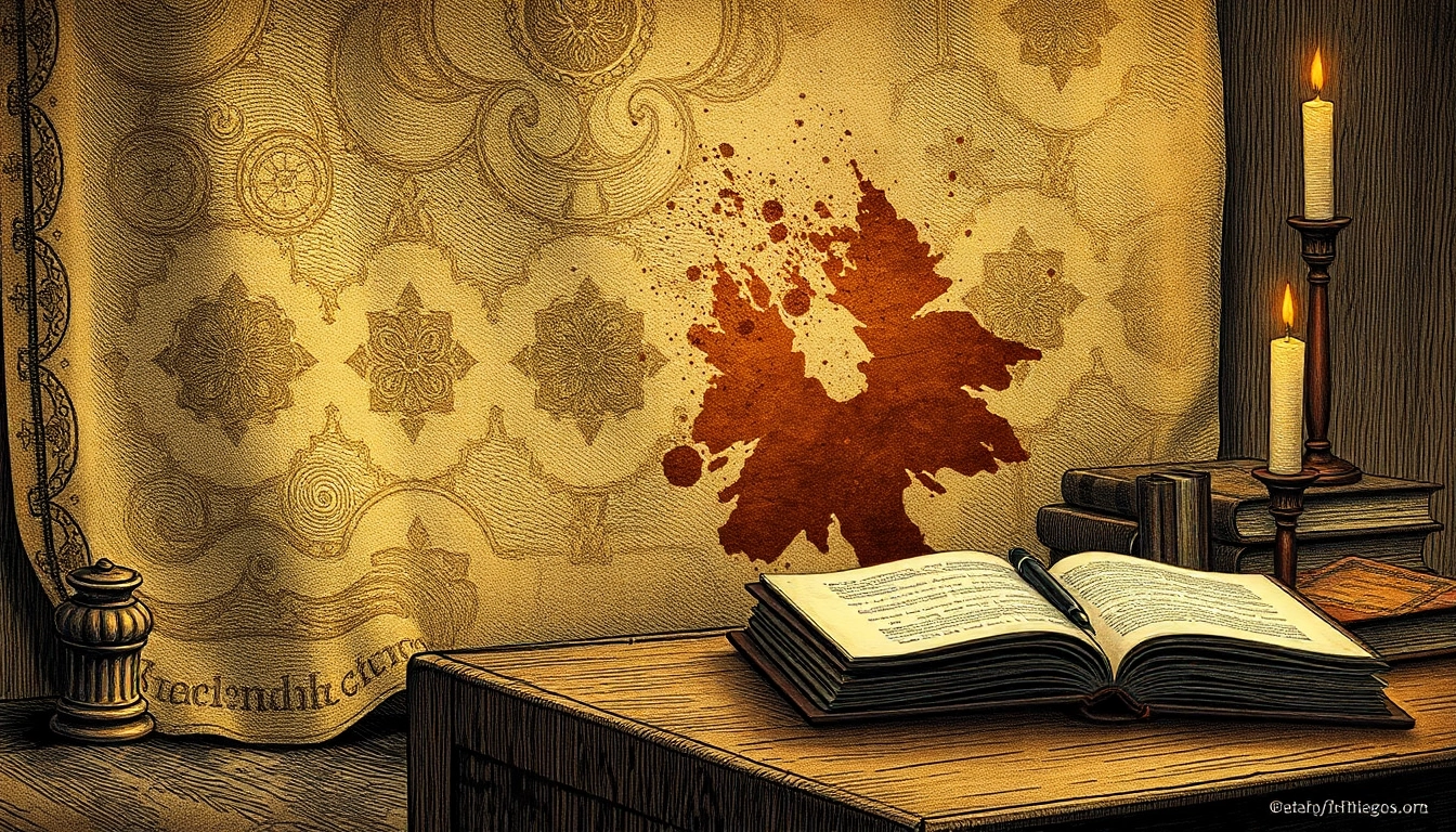 An old stained cloth with books and quills on a desk illuminated by candlelight, depicting historical context of smut.
