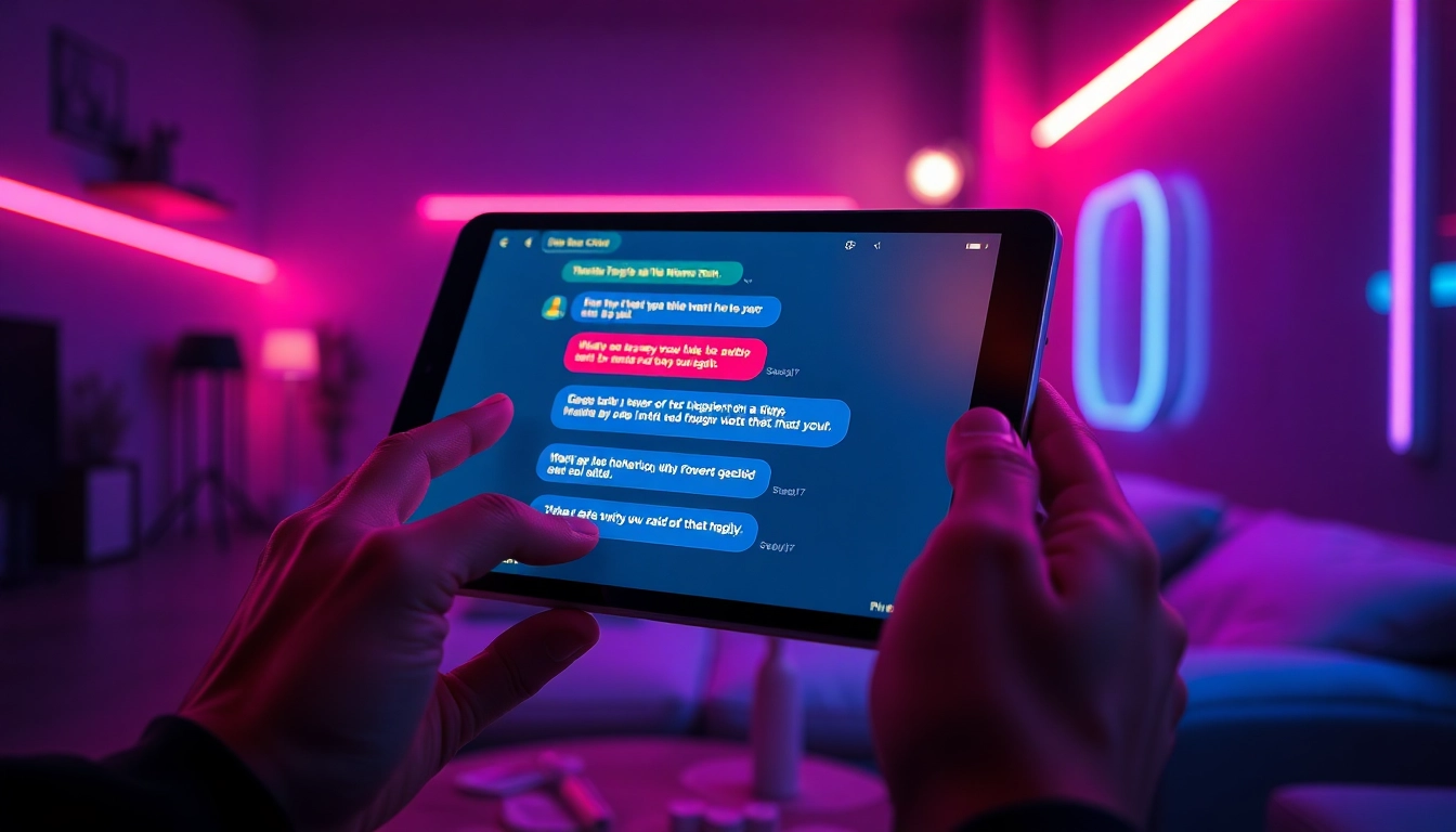 A close-up of a smartphone displaying a spicy AI chat conversation with neon-lit background, evoking intimacy and digital connection.