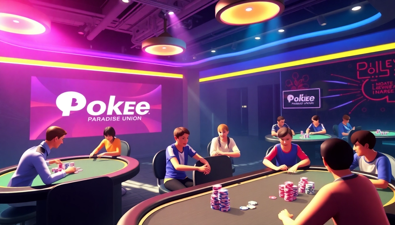 Pokerbros Paradise Union online poker community with lively tables and enthusiastic players engaging in games.