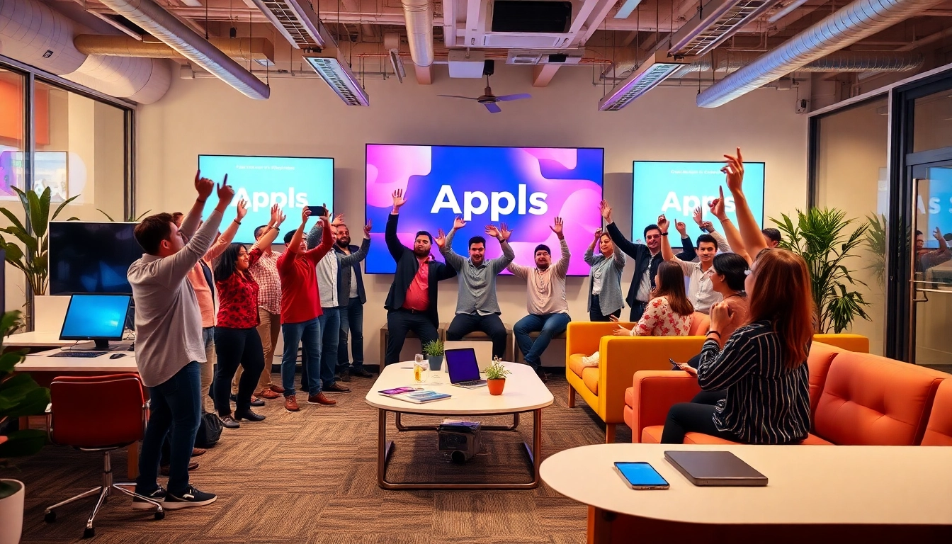 Team celebrating app launch news in a modern tech environment to boost visibility and engagement